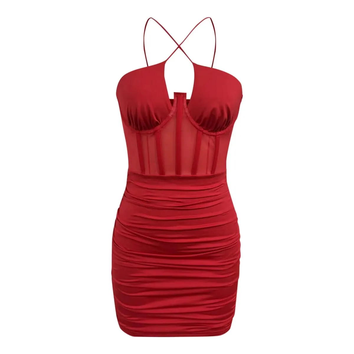 Mini vestido feminino sexy sem alças, malha transparente, espartilho de osso de peixe, vestidos curtos, cor sólida, slim fit, vestidos plissados
