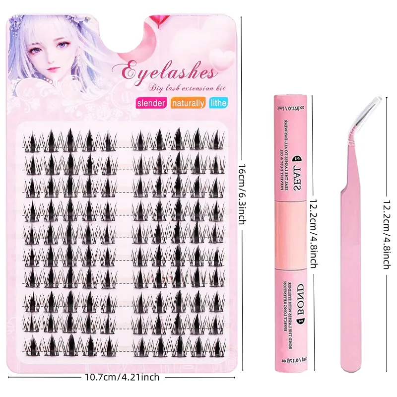 Kit de cílios de anime preto requintado de 10 linhas - cílios postiços com adesivo e selador natural dinâmico DIY comprimento 10-13mm