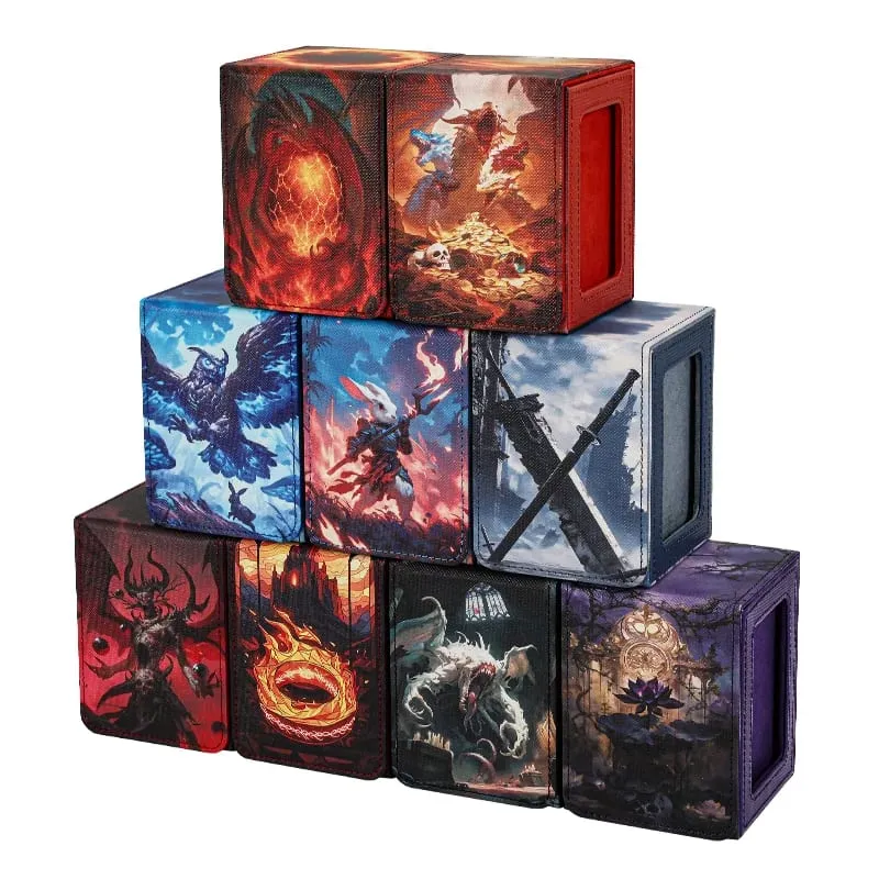 Caixa de baralho de cartões para cartões de impressão padrão com janela de exibição segurar 100 + cartões de manga dupla caixa de cartão de couro do plutônio se encaixa cartões tcg