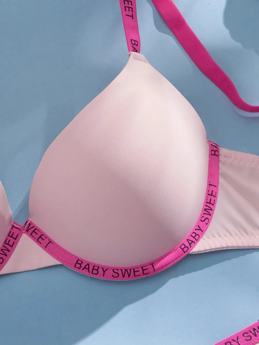 Conjunto de roupa interior feminina sem costura sólida carta guarnição push up sutiã confortável underwire suporte casual conjunto de lingerie diária