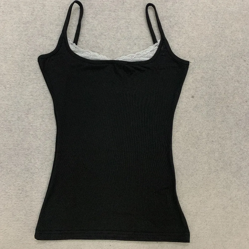 Y2K Hot Girl Regata de cor sólida com alças finas, renda lateral, ajuste fino, sem mangas, casual, alça de rua