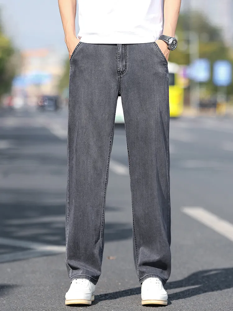 Calças de brim finas masculinas de perna larga solta lyocell macio drape tecido conforto calças primavera verão marca de moda calças jeans de lavagem