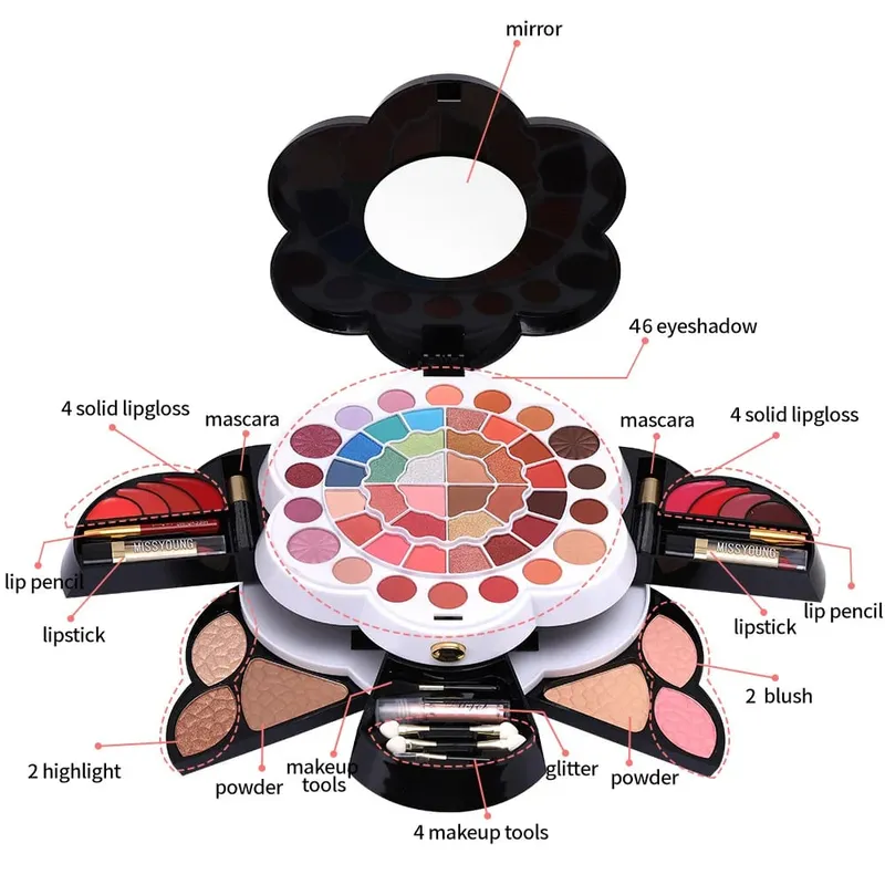 Kit de estojo de maquiagem multifuncional, mais vendido, sombra, batom, blush, paleta de destaque, longa duração, portátil, conjunto cosmético completo