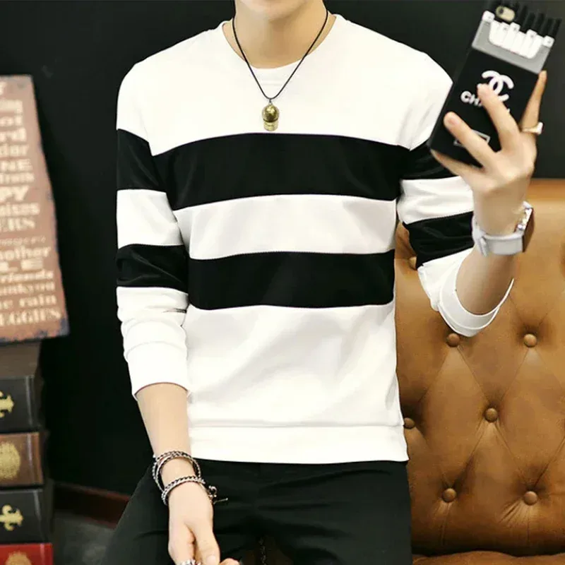 Black White Striped Sweatshirts Mens 2025 Spring Autumn Long Sleeve Sweatshirts Slim Fit Male Tracksuit Pullover Hoodie Clothing