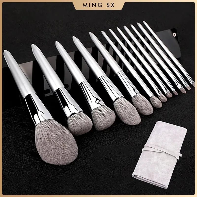 12pçs kit de pincéis de maquiagem profissional, cabelo de cabra natural, base em pó, contorno, sobrancelha, sombra, lábios, ferramentas de maquiagem — image 1