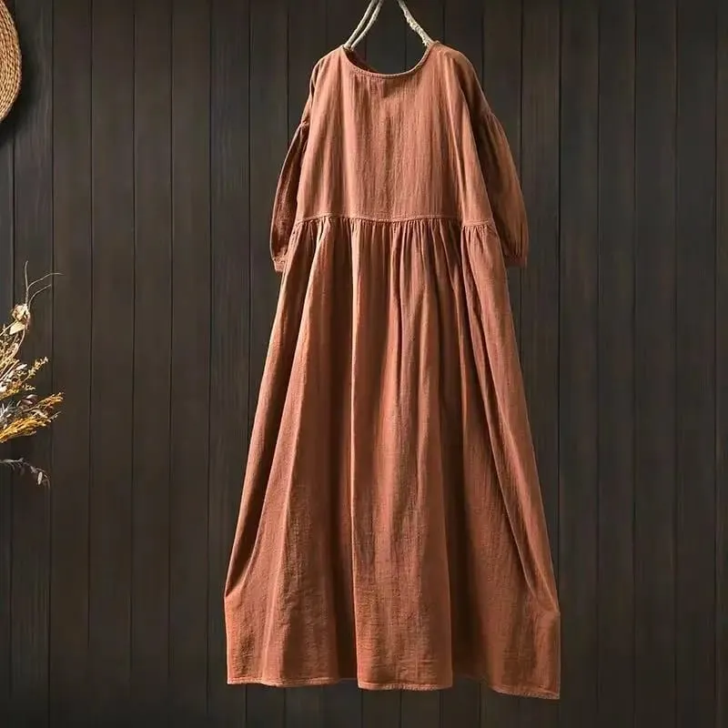 Johnature vestidos femininos de algodão vintage, gola redonda, meia manga, macio, cor sólida, roupões, verão 2025, novo, casual, linha a, vestido feminino — image 12
