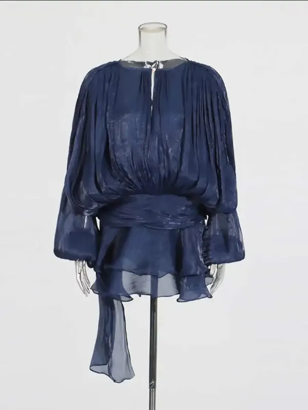 Blusa sólida mini vestidos para mulheres com decote em v manga longa emendado rendas até vestido estilo doce roupas femininas moda — image 17