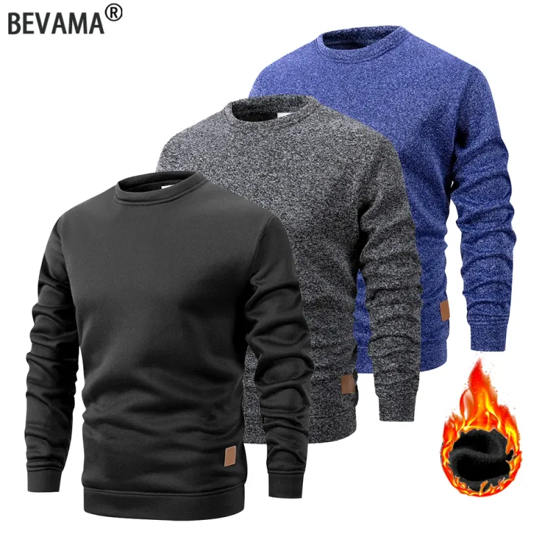 Moletom masculino quente com gola redonda, forrado de lã, pulôver térmico, outono inverno, moda casual, suéter solto de malha com capuz de manga comprida
