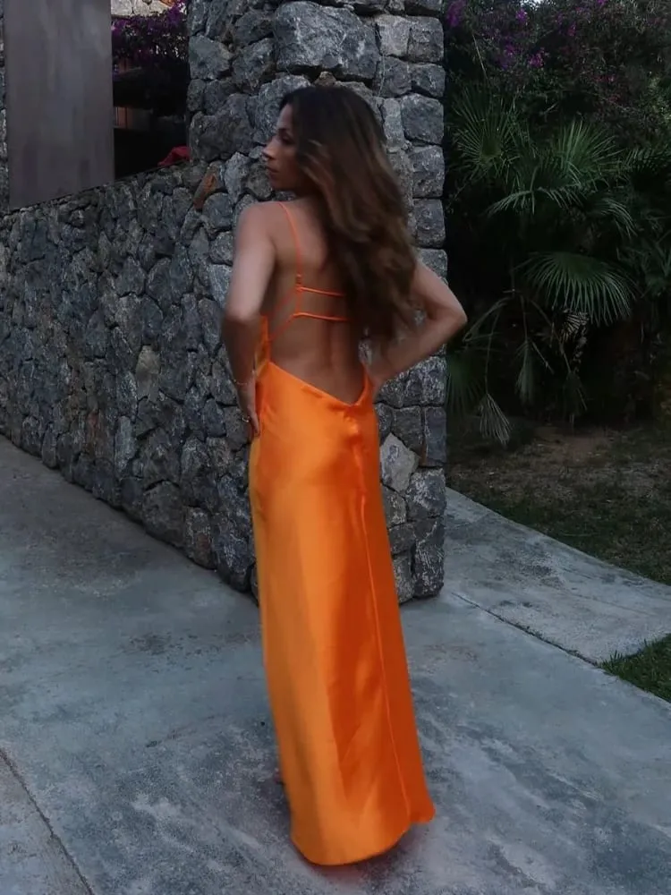 Sólido sem costas mancha maxi vestido feminino casual cinta de espaguete com decote em v vestidos de cintura alta 2026 senhora verão férias vestidos de festa