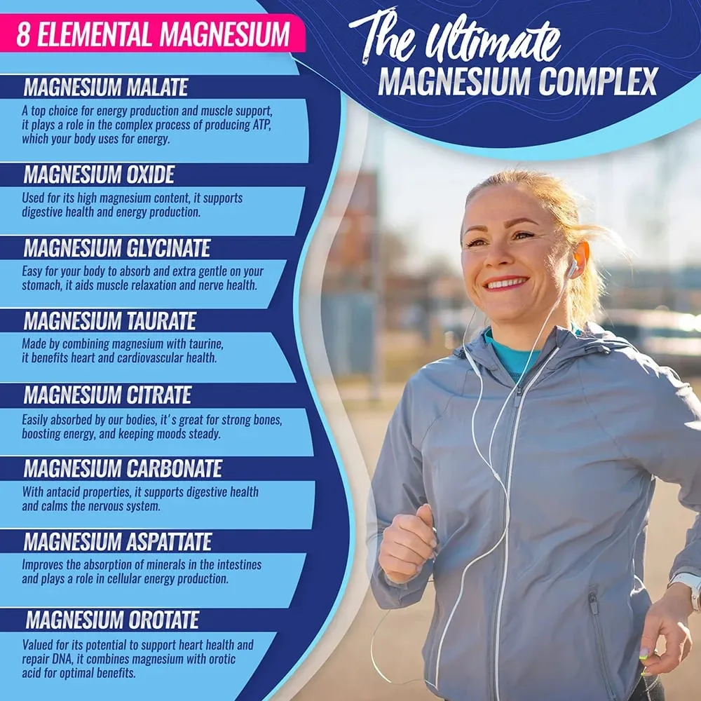 Suplemento de Complexo de Magnésio 1000MG - Citrato e Malato de Glicinato de Magnésio - Suporte ao Sono, Alívio do Estresse, Músculos e Relaxamento