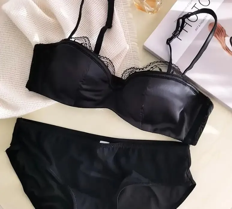 Seção fina meia xícara conjunto de roupa interior calcinha seios pequenos reunidos lingerie tamanho grande ultra-fino sexy rendas meninas sutiã novo