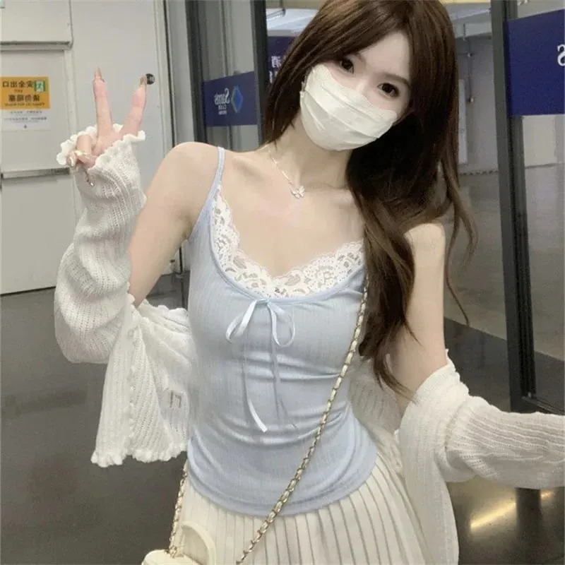 Sexy Patchwork Lace Trim Camis Top Sweet Casual Slim Solid V-Neck Sleeveless Cute Tank Tops Women 2025 Summer Streetwear Lady