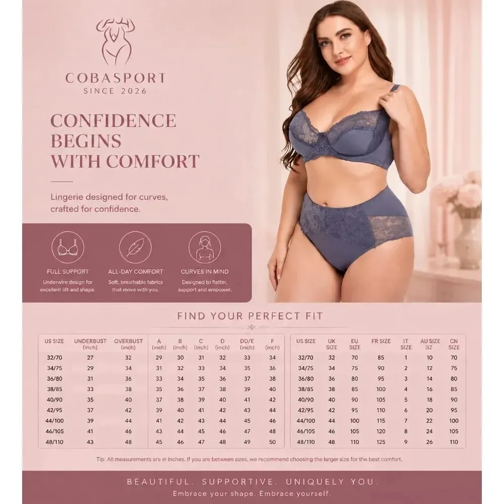 Conjunto de sutiã de renda leve com armação para mulheres plus size, lingerie de copo fino com calcinha, elevador confortável, uso diário