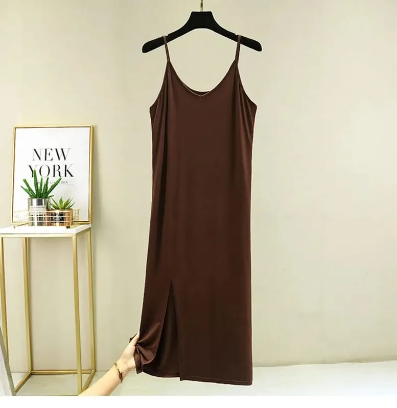 Vestido feminino modal completo deslizante, roupa íntima, alça longa, sólida, camisola, anágua interna, íntima