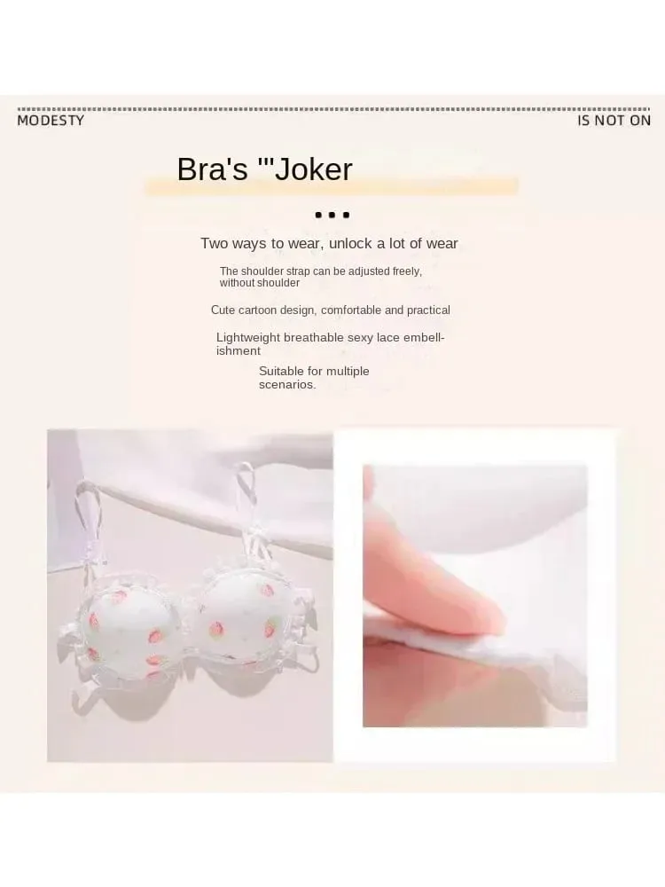 Strawberry 100% Lolita Collection Small Breasts Thin Cartoon Print Underwear Without Wire Back Pure Desire Bra Cover