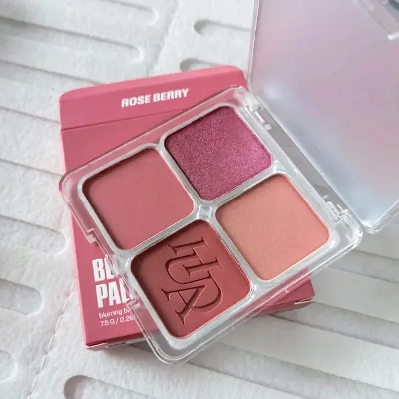Blush em pó de 4 cores, ajuste fino, leve, natural, brilhante, durável, à prova d'água, resistente ao suor, blush, brilho labial, maquiagem