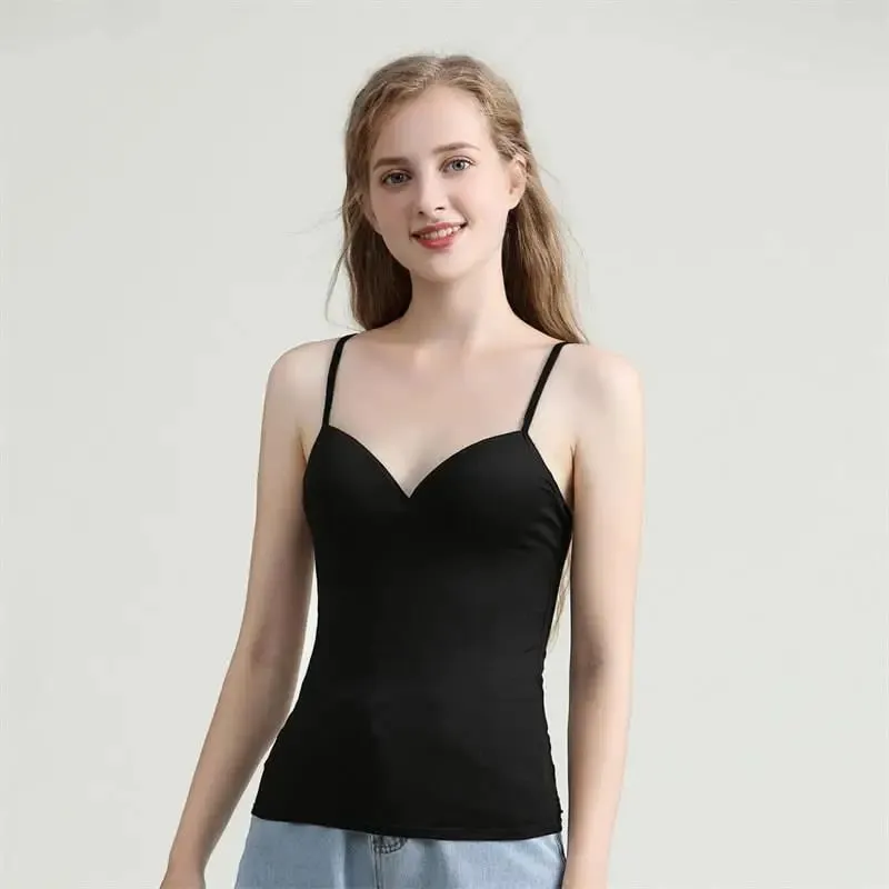 Novo sutiã acolchoado ajustável regata feminina modal espaguete sólido cami top colete feminino camisola com sutiã embutido roupas de fitness