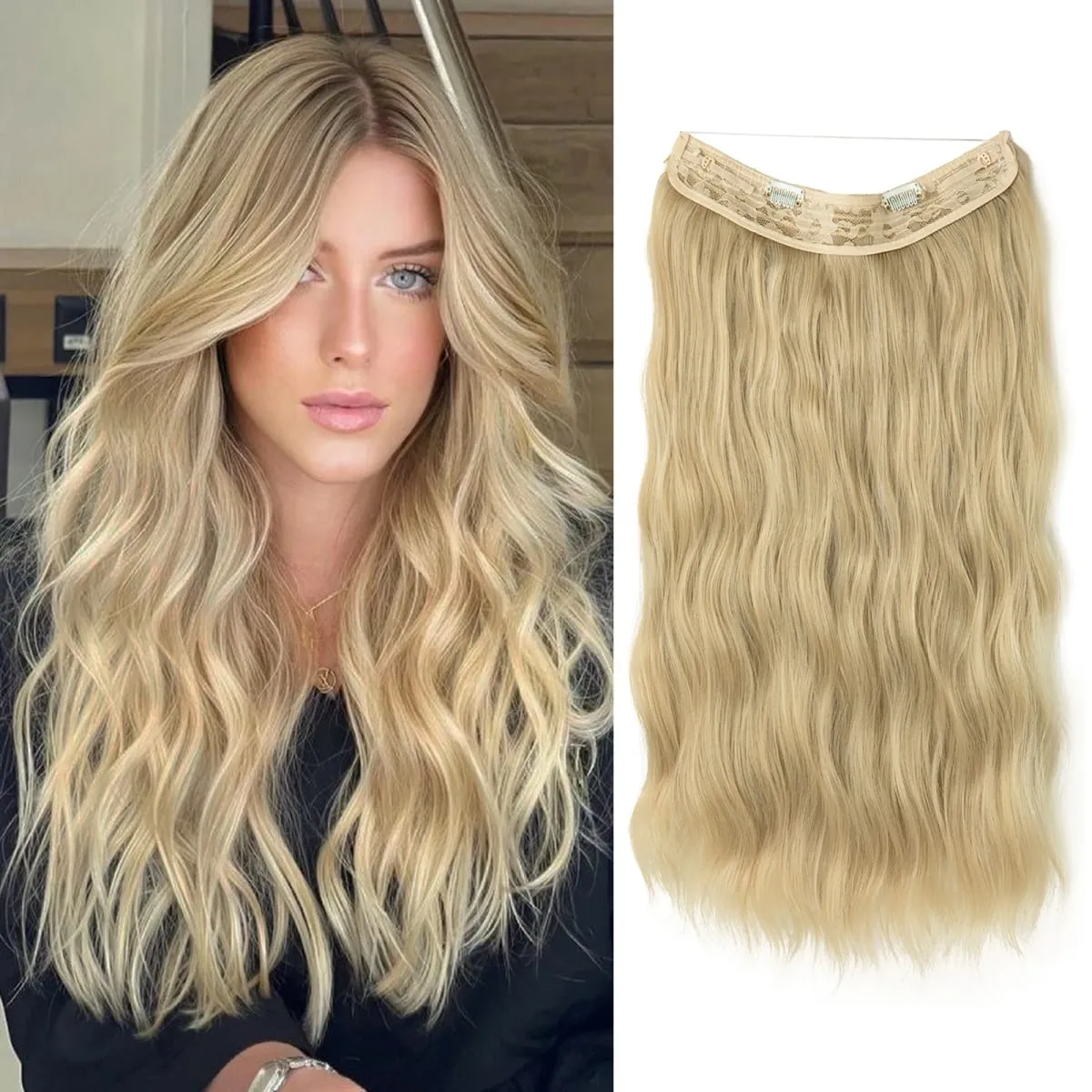 Fio invisível ondulado sintético com clipes, extensão de cabelo, linha de peixe, loiro natural, clipe em peça de cabelo falso
