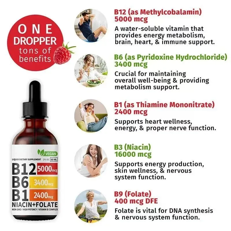 Vitamin B6 Drops Complex B12 B1 Folate Liquid Supplement Support Digestive System Drops Liquid Triple Absorption Liquid Drop