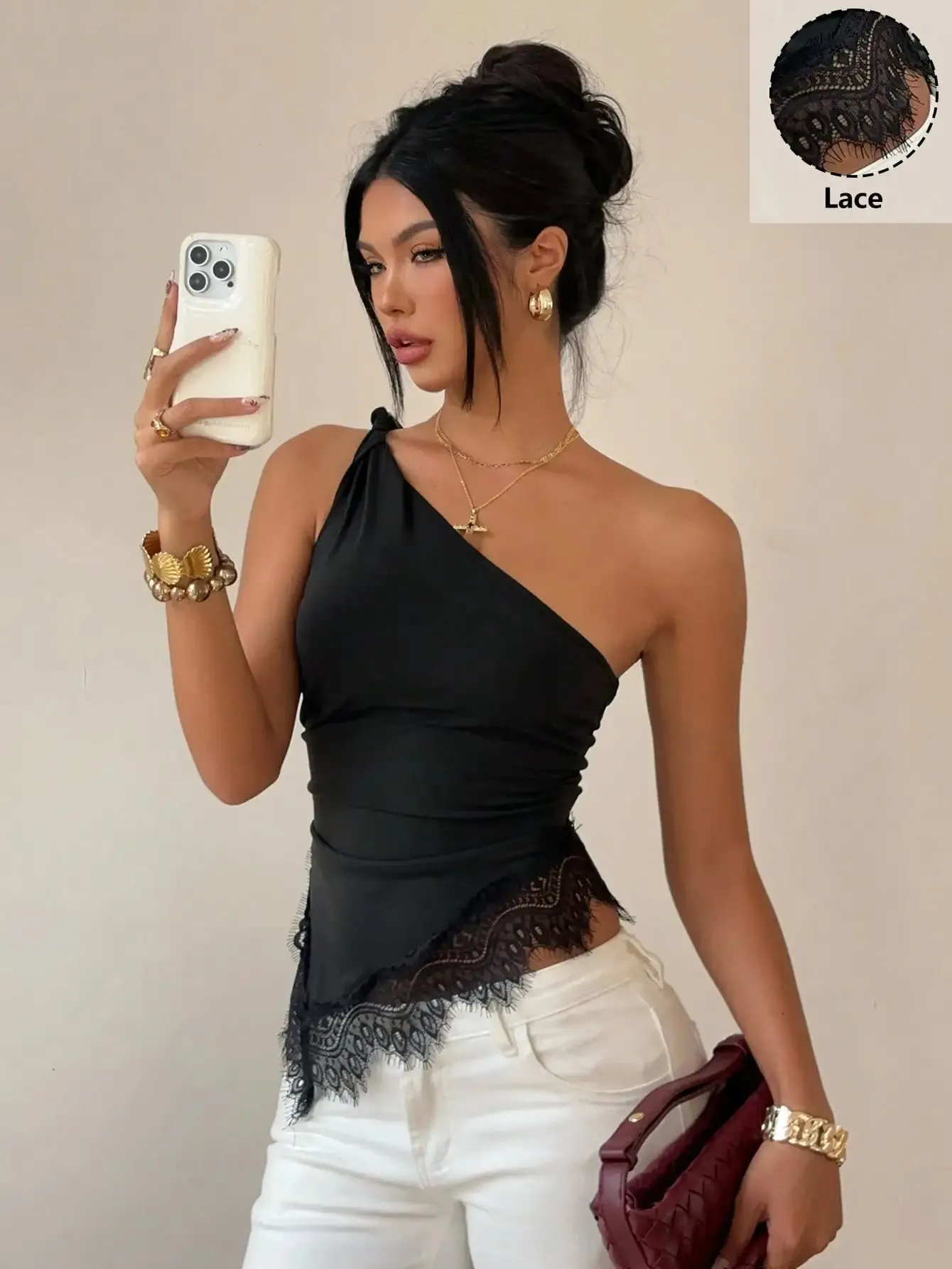 Women's Elegant Solid Color One-Shoulder Twist Vest with Lace Splicing Versatile Top for Vacation Party Beach Shopping Dati