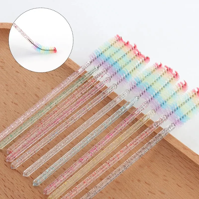 50 pçs escova de cílios de cristal descartável lash extensão pincéis de maquiagem rímel varinha aplicador sobrancelha pente arco-íris microbrush