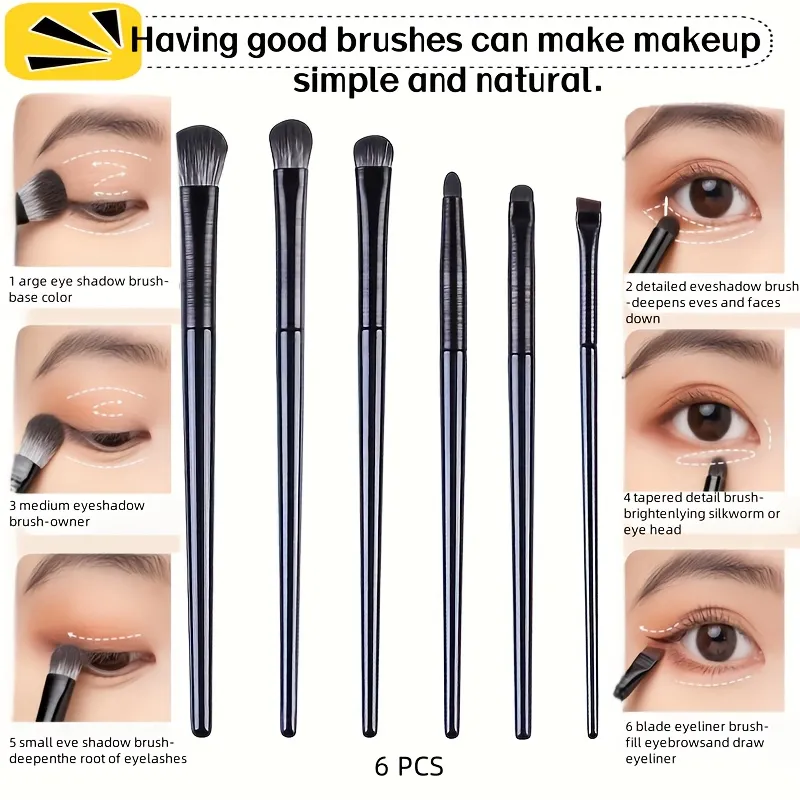 Conjunto de pincéis de maquiagem para olhos, 6 peças, profissional, contorno macio, sombra, delineador, sobrancelha, feminino, ferramenta cosmética de beleza facial