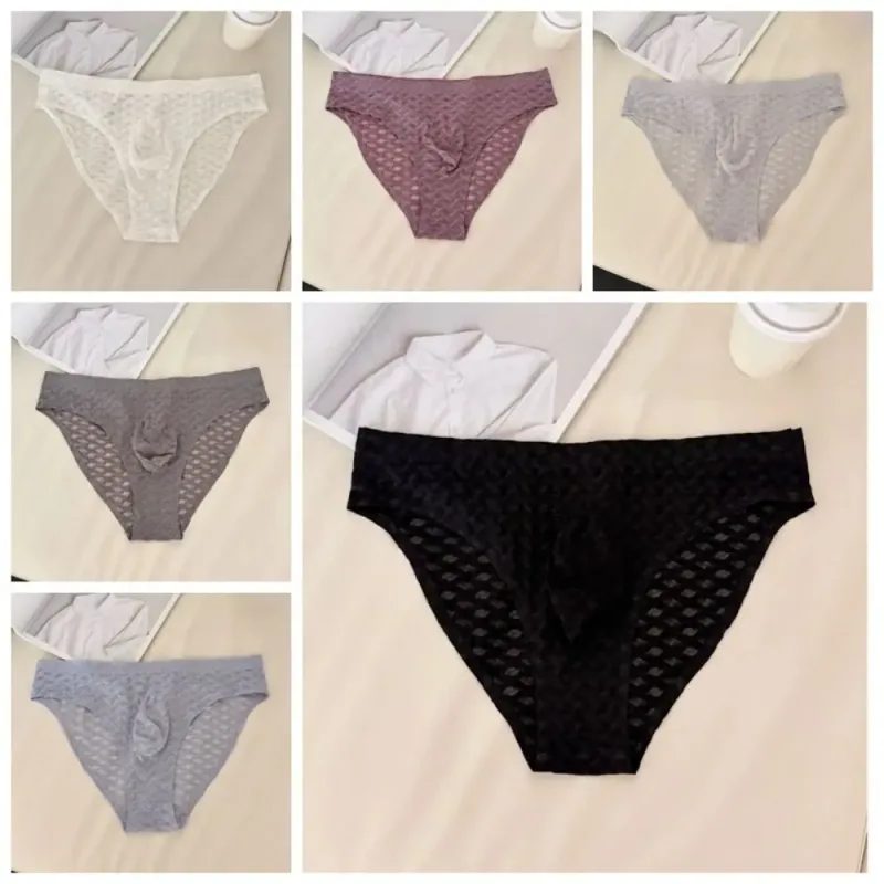 Calcinha de malha fina roupa interior masculina transparente cintura baixa cuecas de seda gelo bolha u convexo bolsa masculina cuecas triângulo masculino