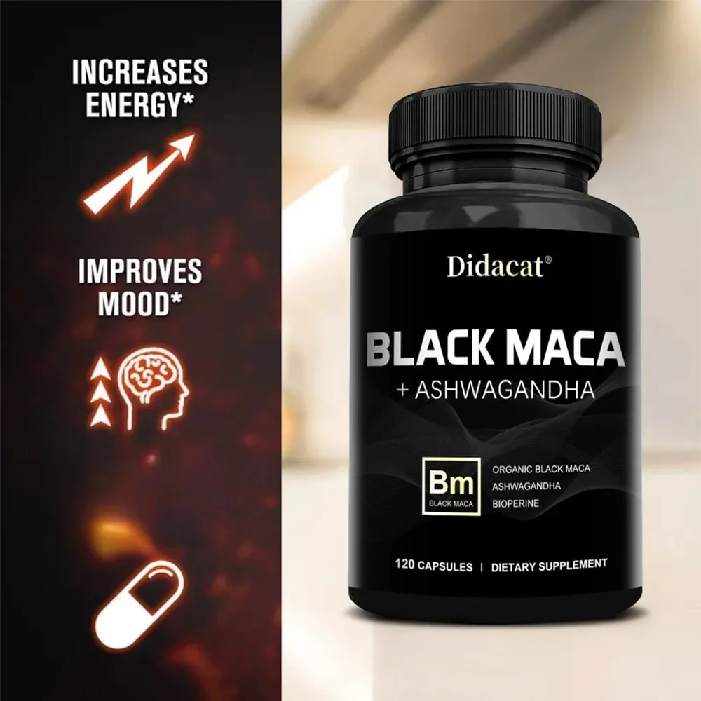 Organic Black Maca + Ashwagandha - High-concentration Black Maca Capsules for Men Supporting Strength Endurance and Vitality