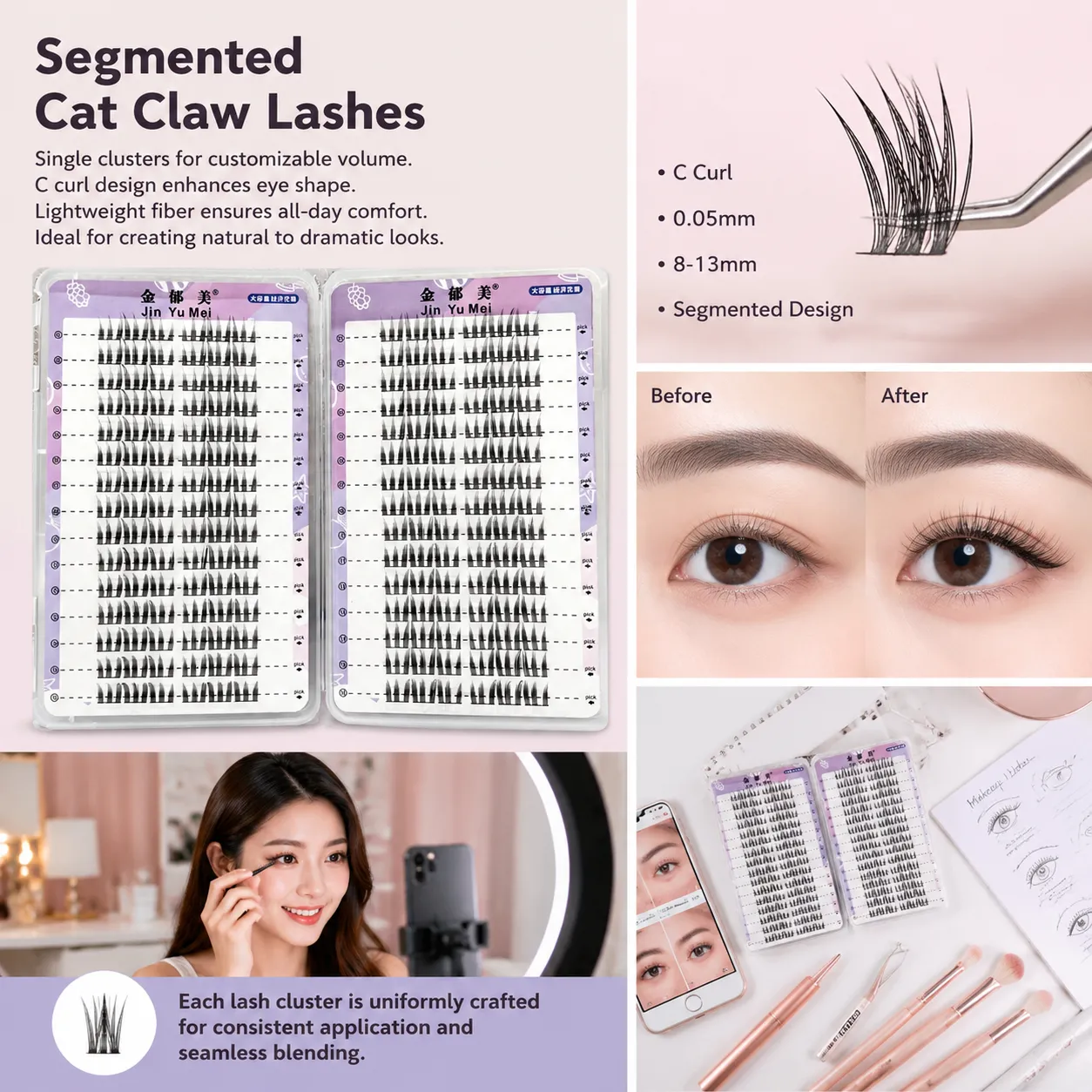 Cílios postiços de maquiagem profissional, cílios postiços segmentados, curvados em c, volume natural, realce dramático dos olhos para mulheres