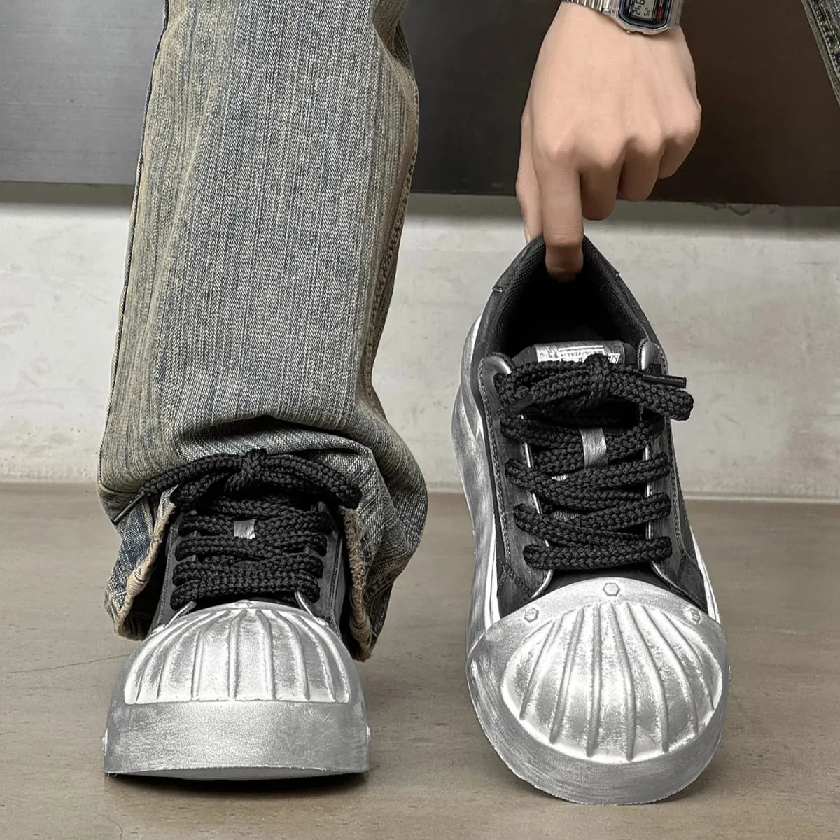 Women Men Sneakers Low-top Shell-head PU Leather Thick-soled Heightening Unisex Leisure Trendy Retro Shoes Men Chunky Trainers