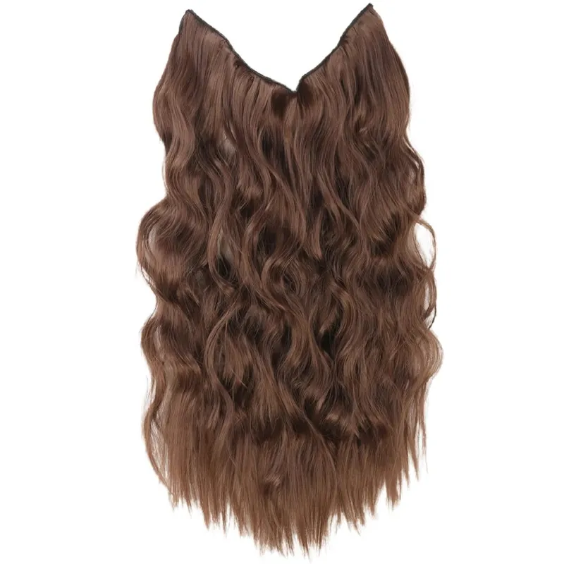 Black Halo Hair Extensions with Invisible Wire Adjustable Size 22inch Long Synthetic Wavy Curly Hairpieces for Women No Clip