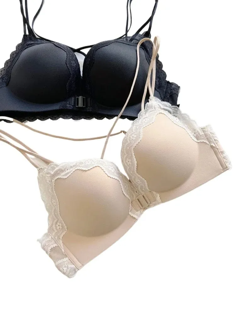 Victoria estilo conjunto de lingerie sem fio rosa leopardo padrão fechamento frontal sutiã sensual volta push up para busto pequeno 32-38