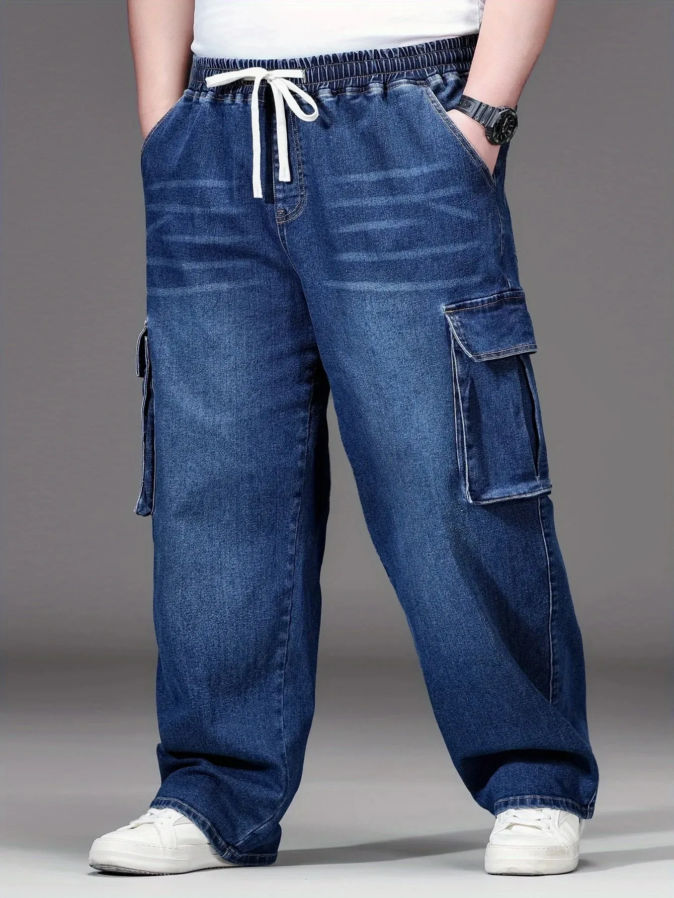 2026 novos homens calças de brim de grandes dimensões cintura alta elástico cordão estiramento baggy denim calças casuais versátil plus size