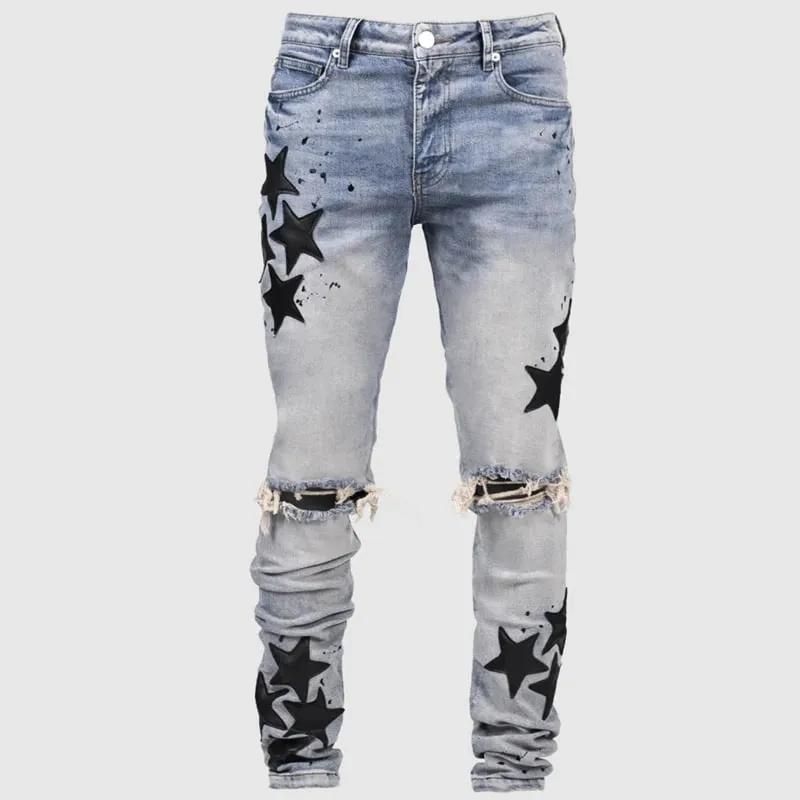 Kakan - Novo jeans masculino azul slim fit com remendo Y2k com design estampado jeans longo marca masculina — image 11