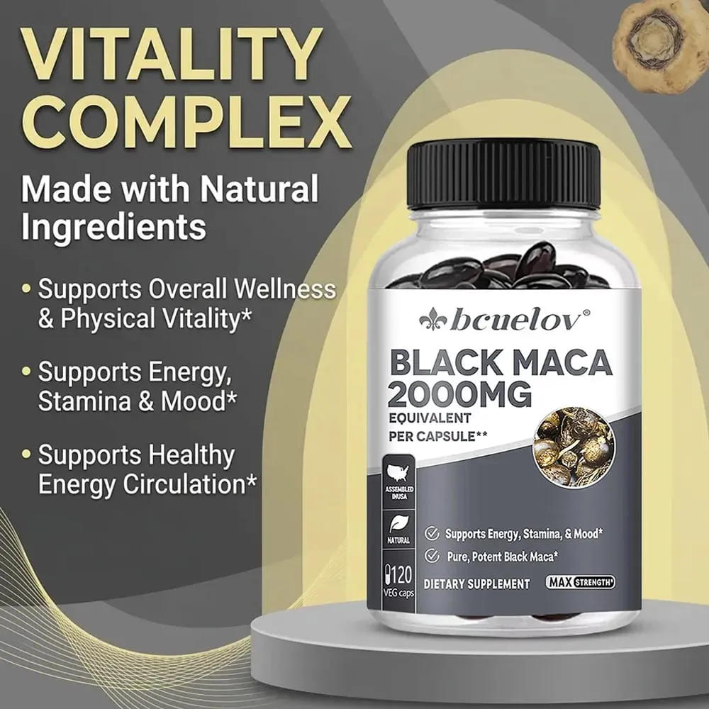 Cápsulas de Maca Negra 20000mg - Suporta a Função Cerebral Promove o Crescimento e Recuperação Muscular Super Absorção Melhora a Vitalidade