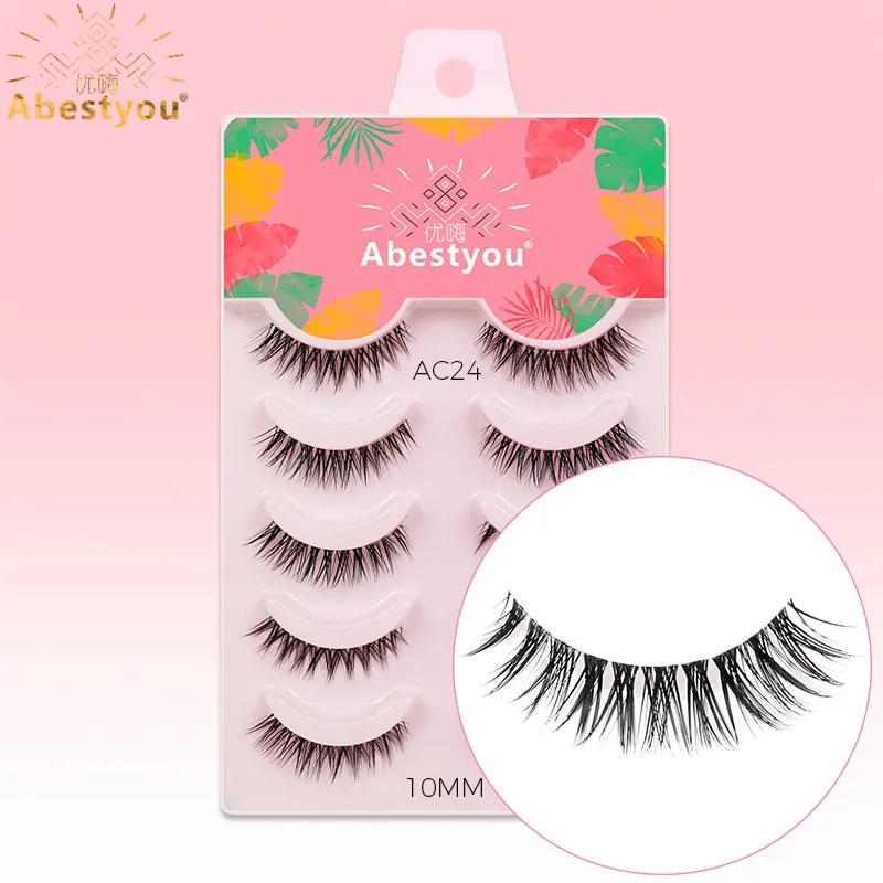 Abestyou 3d curto 9mm falso cils pequeno fino luz olho de gato camélia alado chicote transparente listra clara vison cílios inferiores