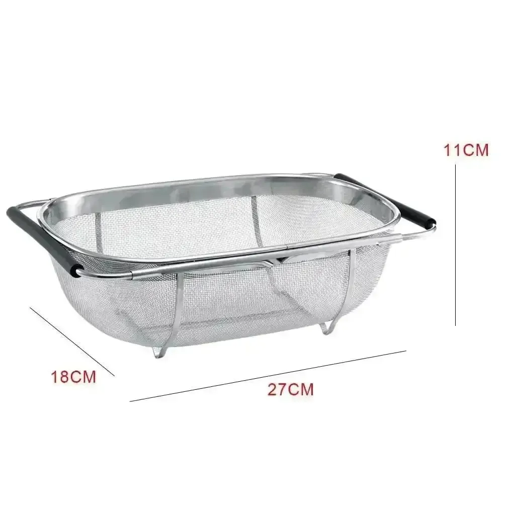 Cesta de drenagem retrátil, alças de borracha, escorredor oval, pia, drenagem de vegetais, cesta de armazenamento doméstico, aço inoxidável