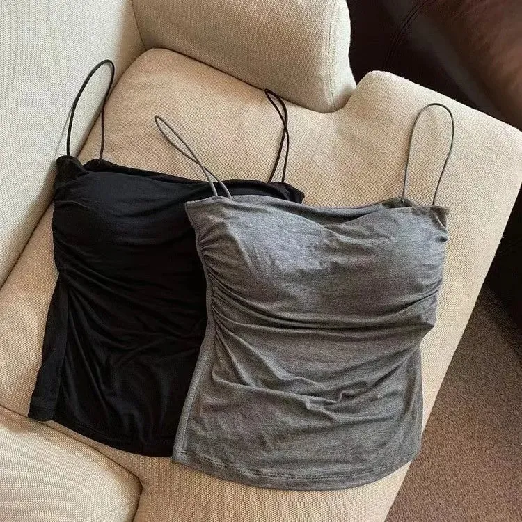Top curto sexy com alças finas, regata branca lisa, estilo coreano, sem mangas, roupa íntima feminina, camisola justa