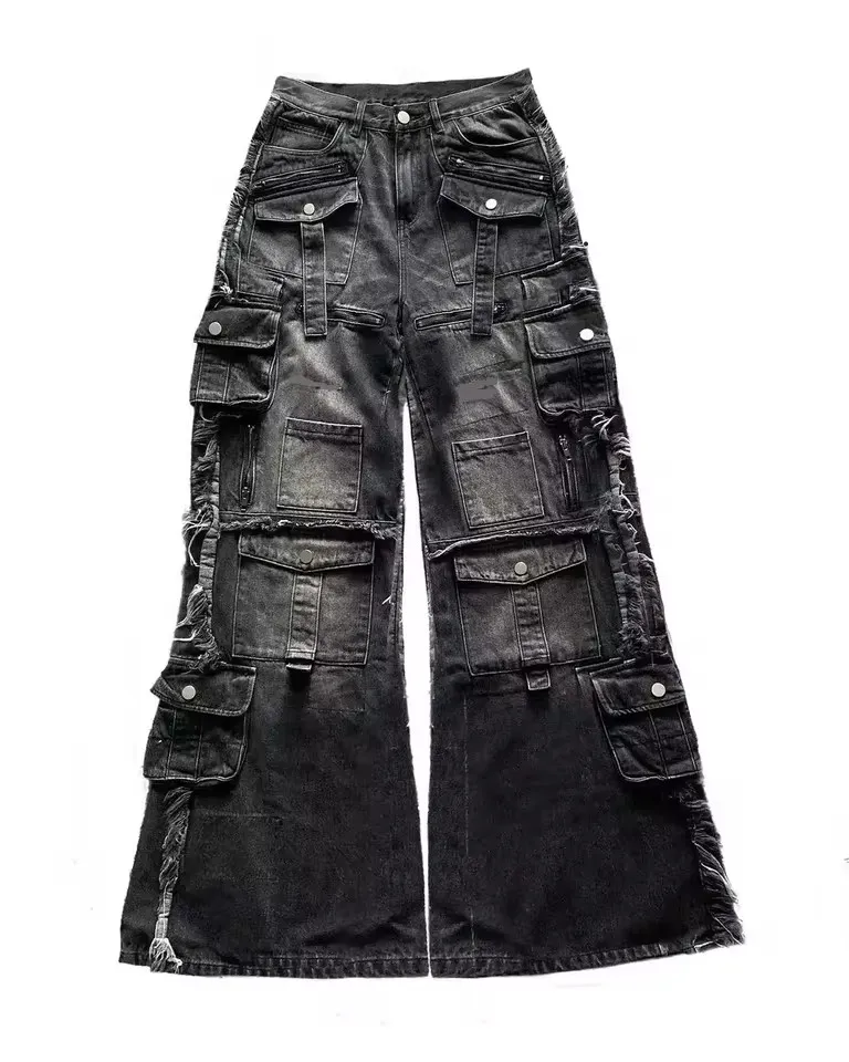 Y2k preto multi bolso carga calças de brim das mulheres dos homens perna larga angustiado bainha desgastada bolsos botão detalhe baggy streetwear calças