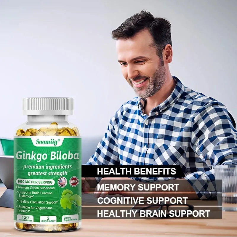 Cápsulas de Ginko Biloba - Suplemento cerebral para memória e foco - Suplementos de Ginkgo Biloba para uma boa visão