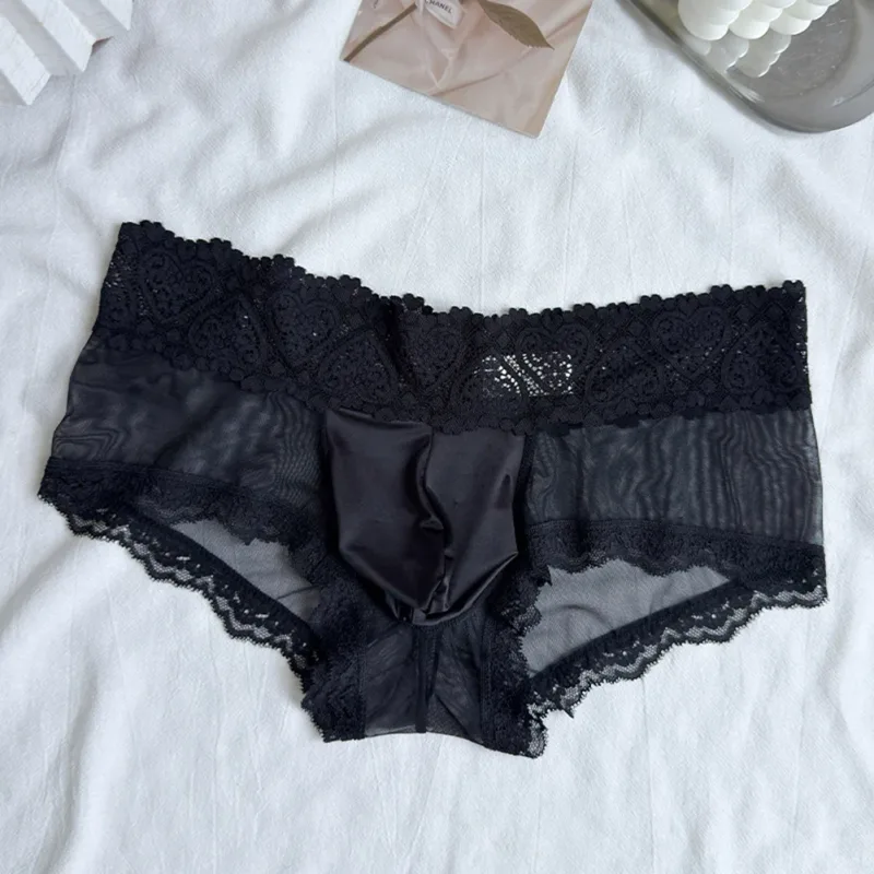 Men Ice Silk Lace Trim Thin Seamless Briefs Glossy 3D Pouch Lightweight Underwear Panties Comfortable Daily Lingerie