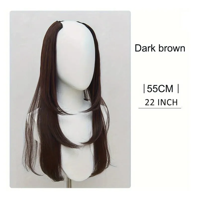 Extensões de cabelo sintético de 22 polegadas combina bem camadas longas retas onduladas em forma de V apliques de cabelo marrom