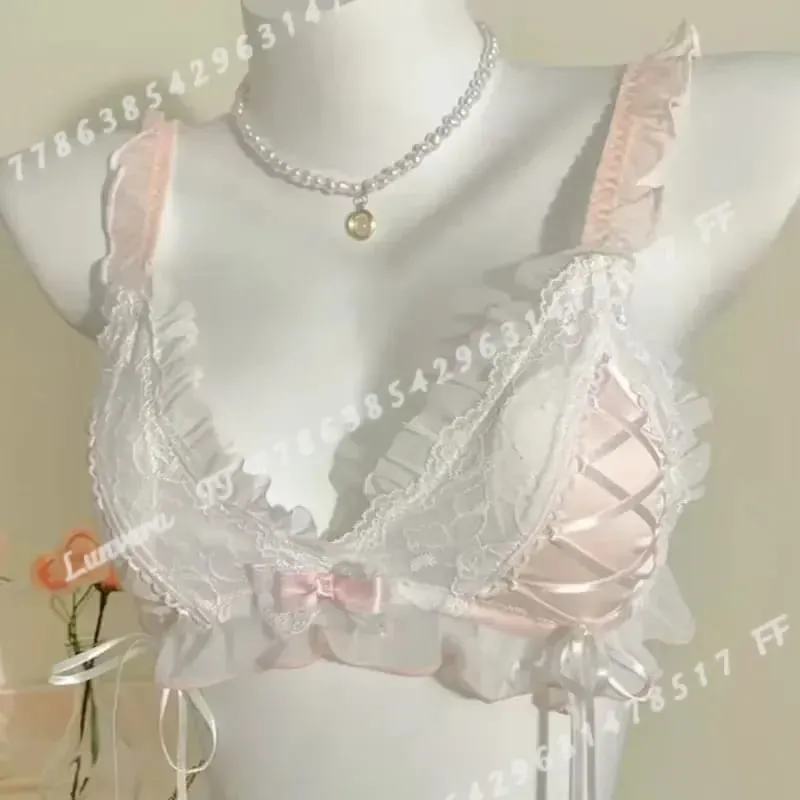 Lolita estilo fino renda triângulo copo conjunto de sutiã para mulher bonito pequeno busto lingerie sexy roupa interior