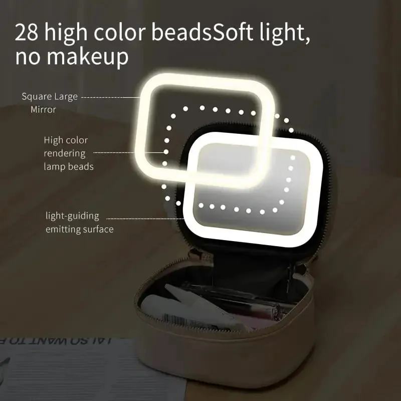 Bolsa de armazenamento de ferramentas comestic portátil com espelho led pequena bolsa de maquiagem com 3 modos de luz orangizer para pincéis e batom