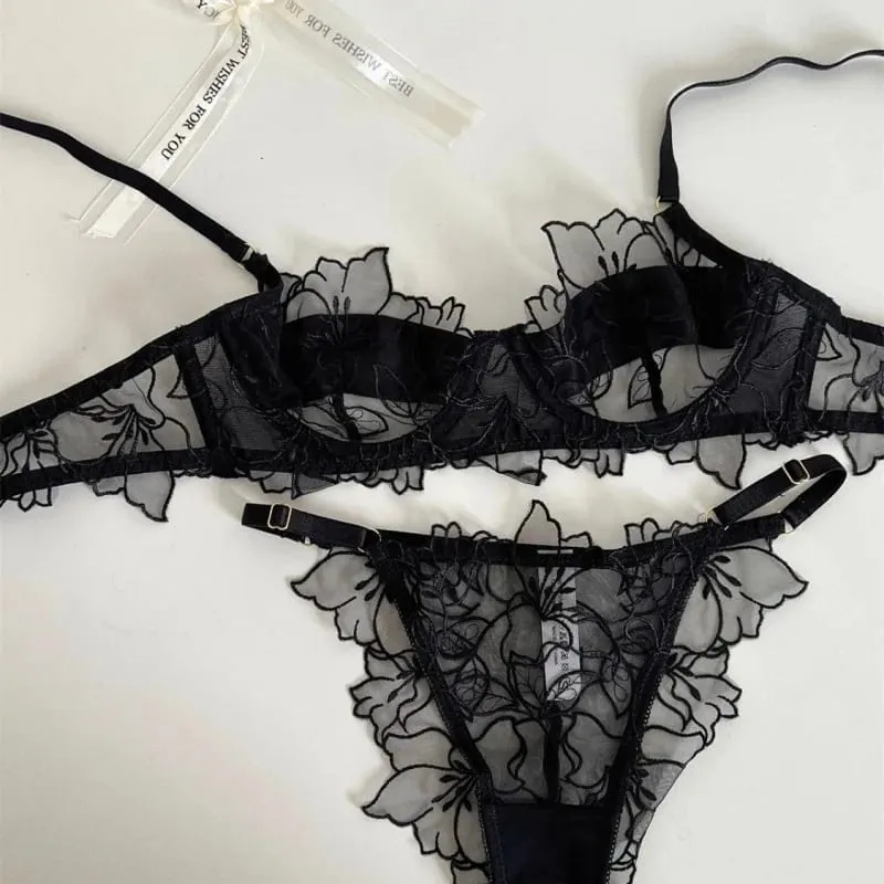 Conjunto de sutiã leve kuclut com armação macia para elevação e suporte evita flacidez, lingerie bordada requintada, conjunto de duas peças