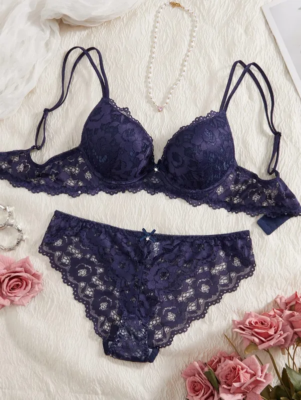 Conjunto de lingerie sexy feminina renda patchwork cor sólida laço strass embelezado push-up alça de ombro dupla sem forro roupa íntima confortável renda semitransparente calcinha respirável