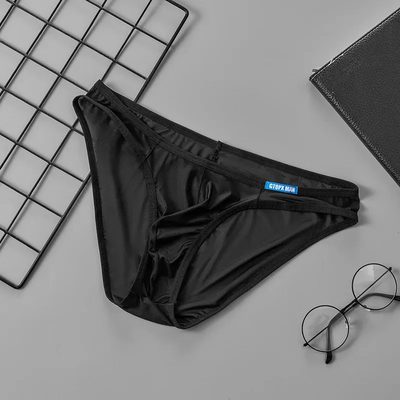 Cueca masculina sexy fina de seda gelo translúcida cuecas u bolsa ropa interior hombre calcinha masculina