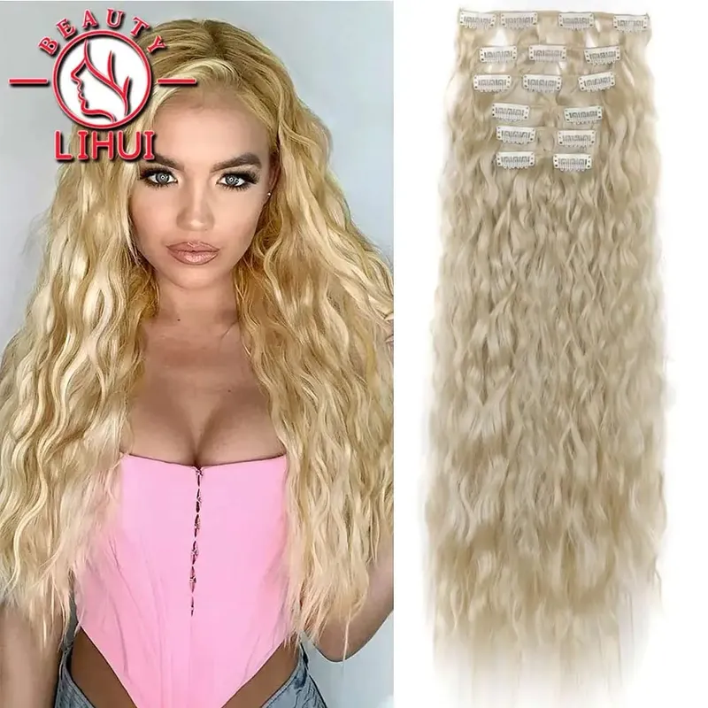 Long Curl Wave Clip In Hair Extensions 6Pcs/Set 16 Clips High Tempreture Synthetic Hairpiece Clip In Hair Extensions 24Inch