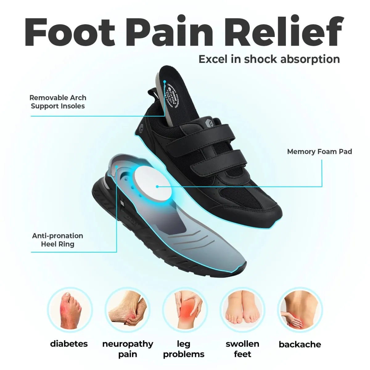 FitVille Sapatos para diabéticos para homens, largura extra larga, fechamento ajustável, tênis para caminhada, para alívio da dor nos pés, inchados — image 5