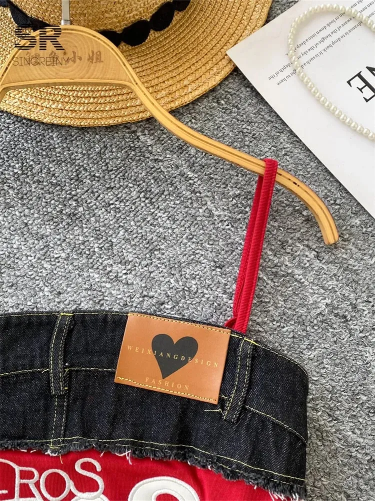 Americano retro y2k cinta topos carta bordado denim retalhos design de moda feminina hotsweet streetwear magro topo de colheita — image 4